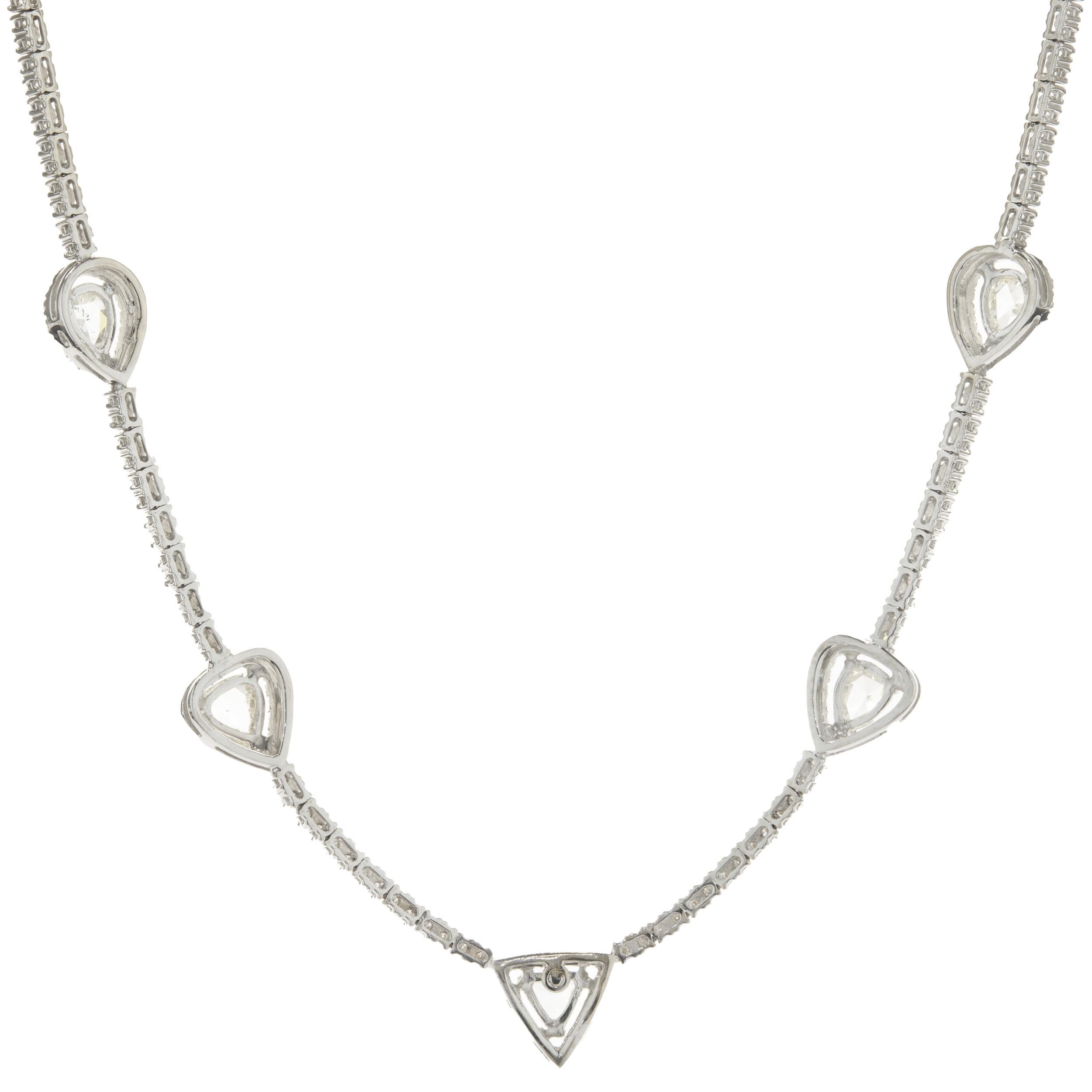 Round Cut 14 Karat White Gold Diamond Tennis Necklace with Rose Cut Diamond Stations For Sale