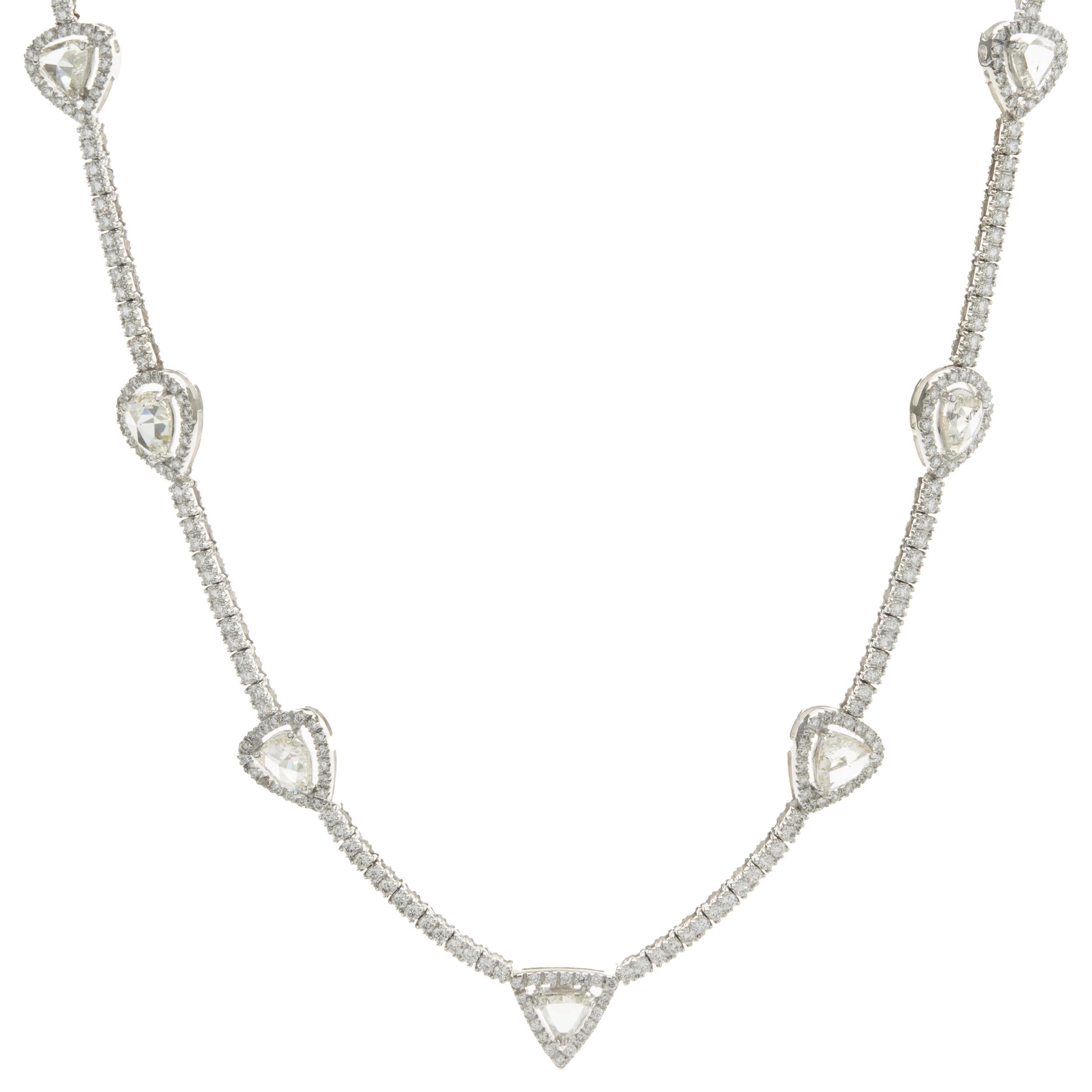 14 Karat White Gold Diamond Tennis Necklace with Rose Cut Diamond Stations For Sale