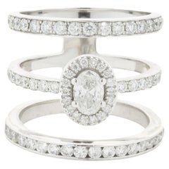 14 Karat White Gold Diamond Three Row Ring with Oval Centerpiece
