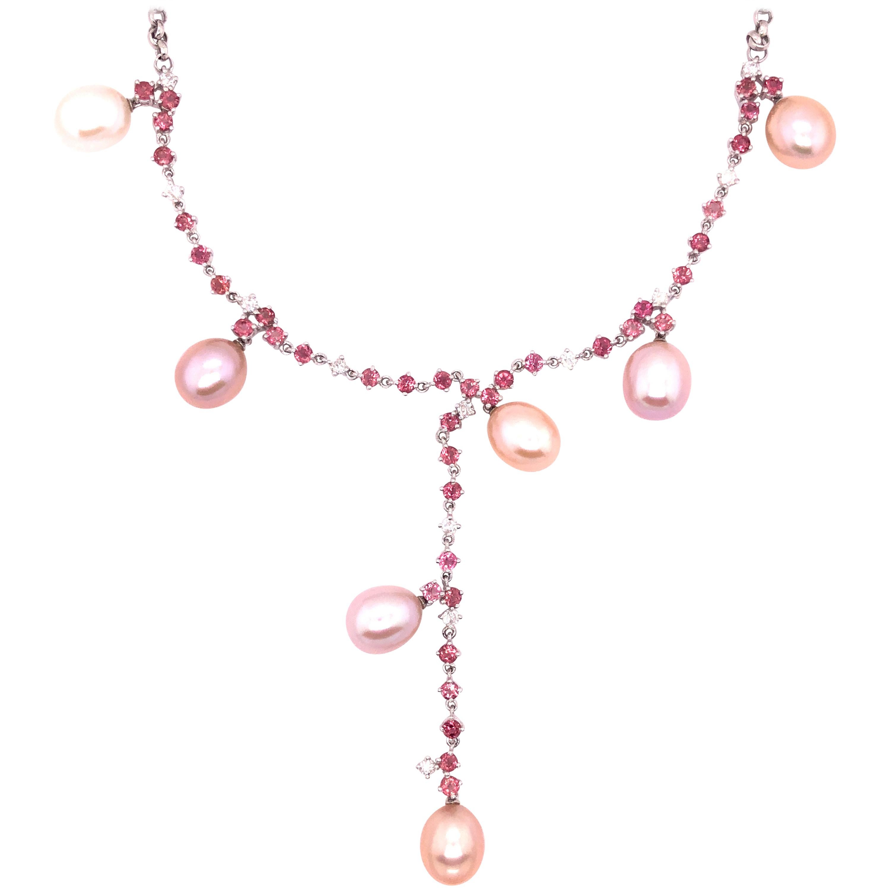 14 Karat White Gold Diamond Tourmaline Cultured Pearl Adjustable Necklace