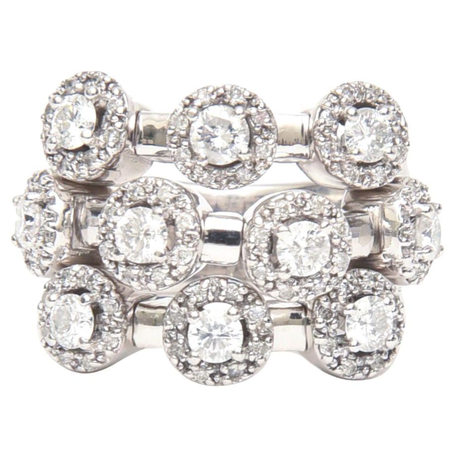 14 Karat White Gold Diamond Three Row Trembler Ring  For Sale