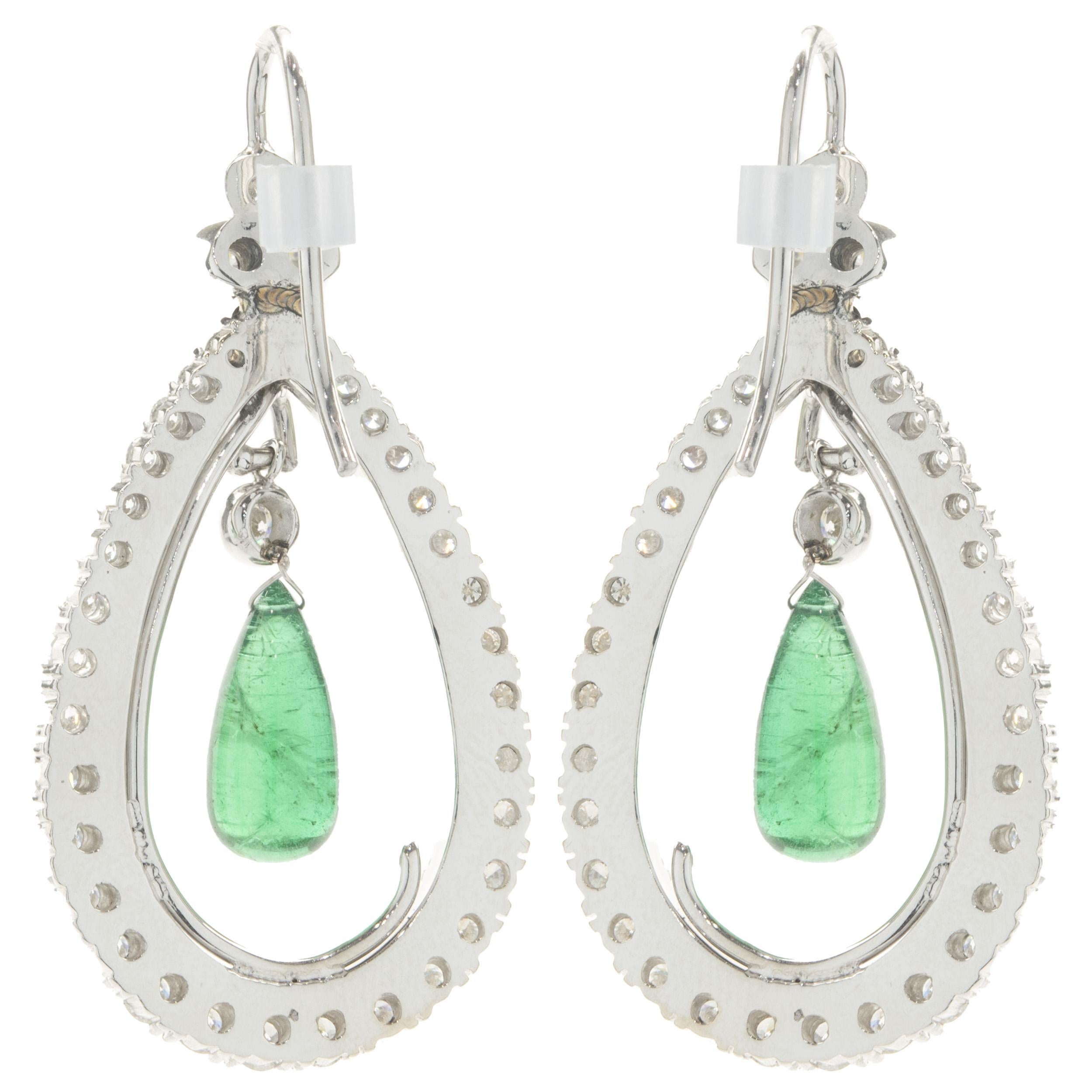 Briolette Cut 14 Karat White Gold Diamond, Tsavorite, and Briolette Emerald Drop Earrings For Sale