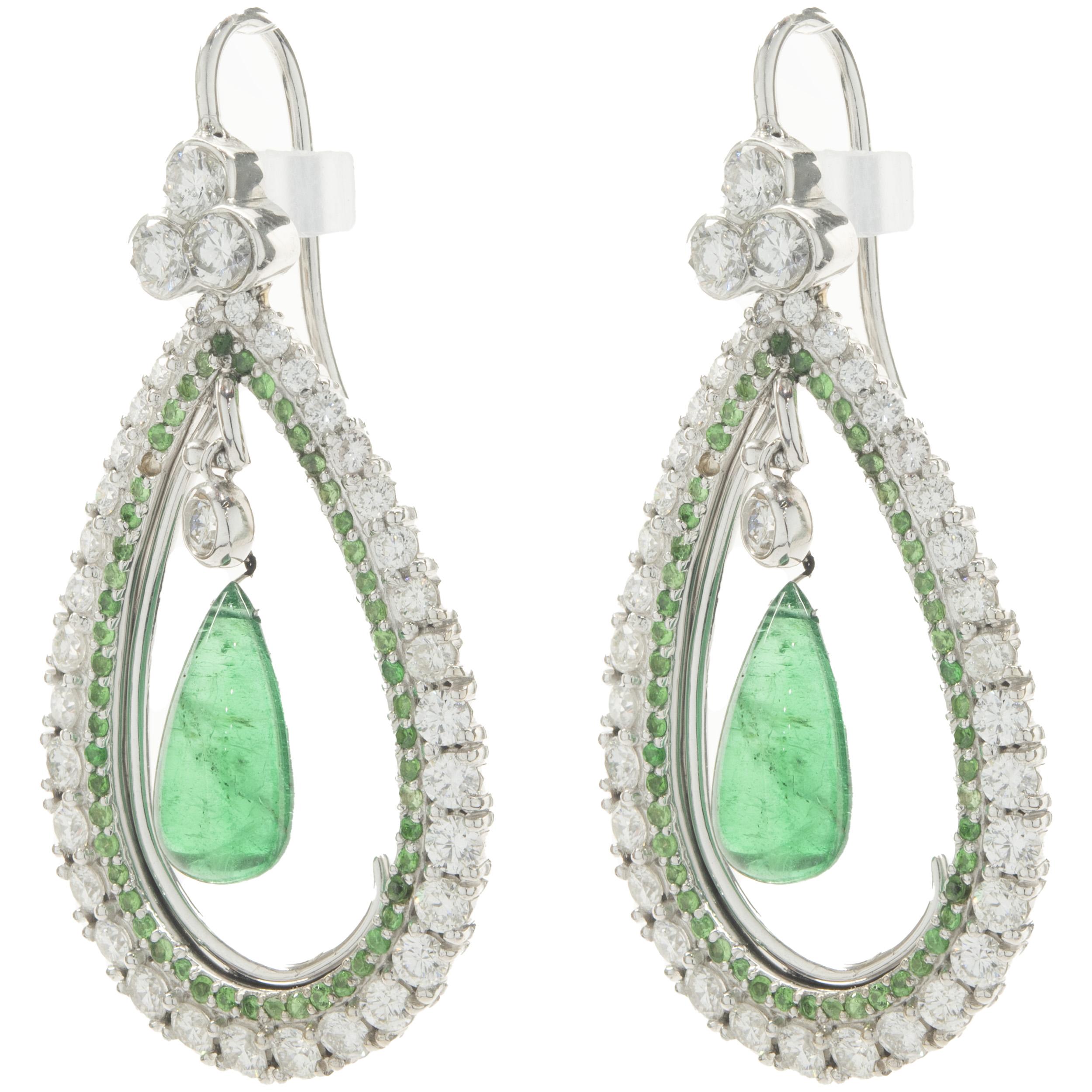 14 Karat White Gold Diamond, Tsavorite, and Briolette Emerald Drop Earrings In Excellent Condition For Sale In Scottsdale, AZ