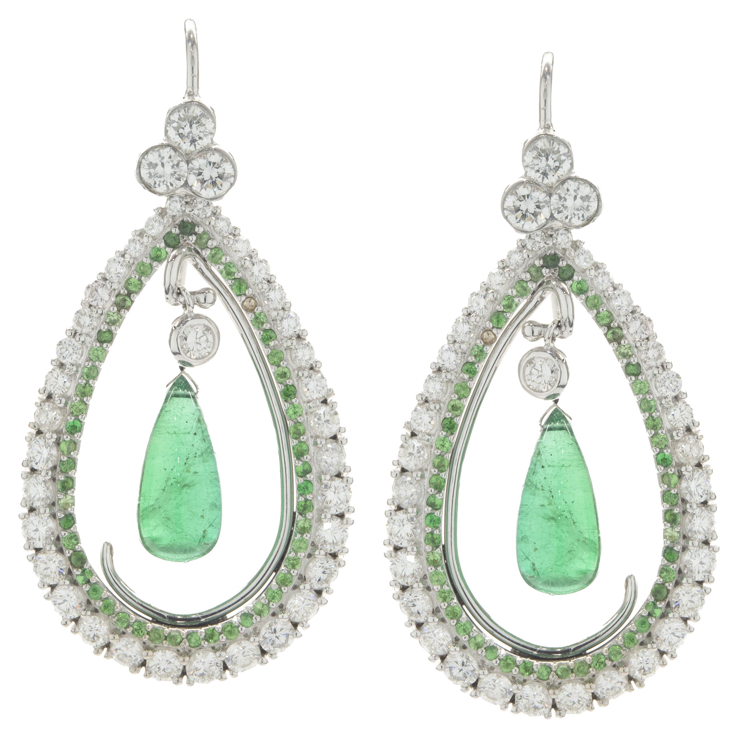 14 Karat White Gold Diamond, Tsavorite, and Briolette Emerald Drop Earrings