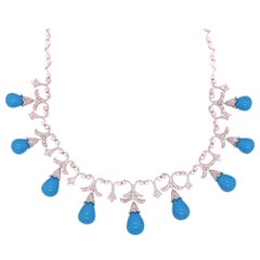 14 Karat White Gold Diamond Turquoise Necklace
