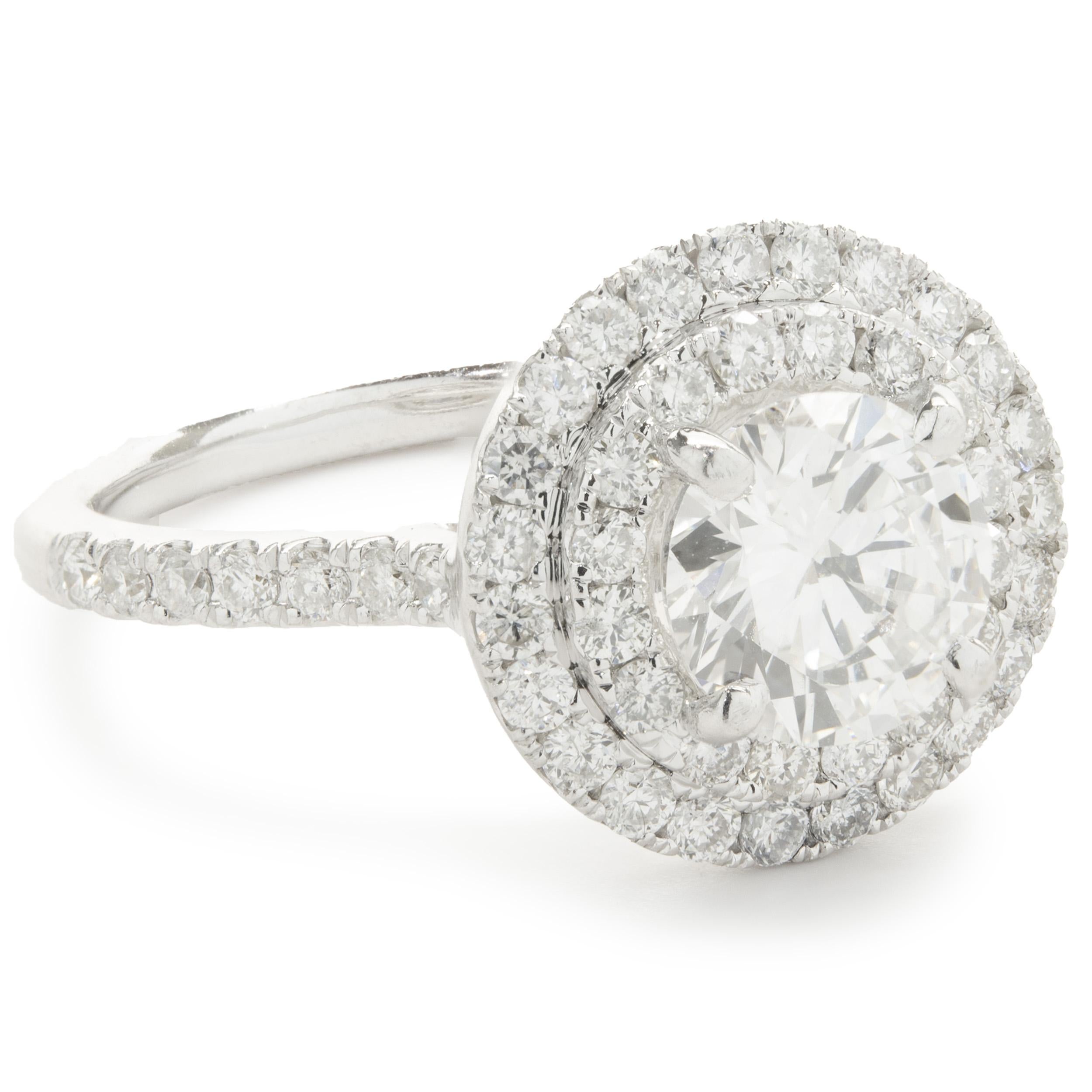 Material: 14K white gold
Center Diamond: 1 round brilliant cut = .90ct
Color: H
Clarity: VS2
Diamonds: round cut = .85cttw
Color: G
Clarity: VS
Ring Size: 6.25 (please allow up to 2 additional business days for sizing requests)
Dimensions: ring