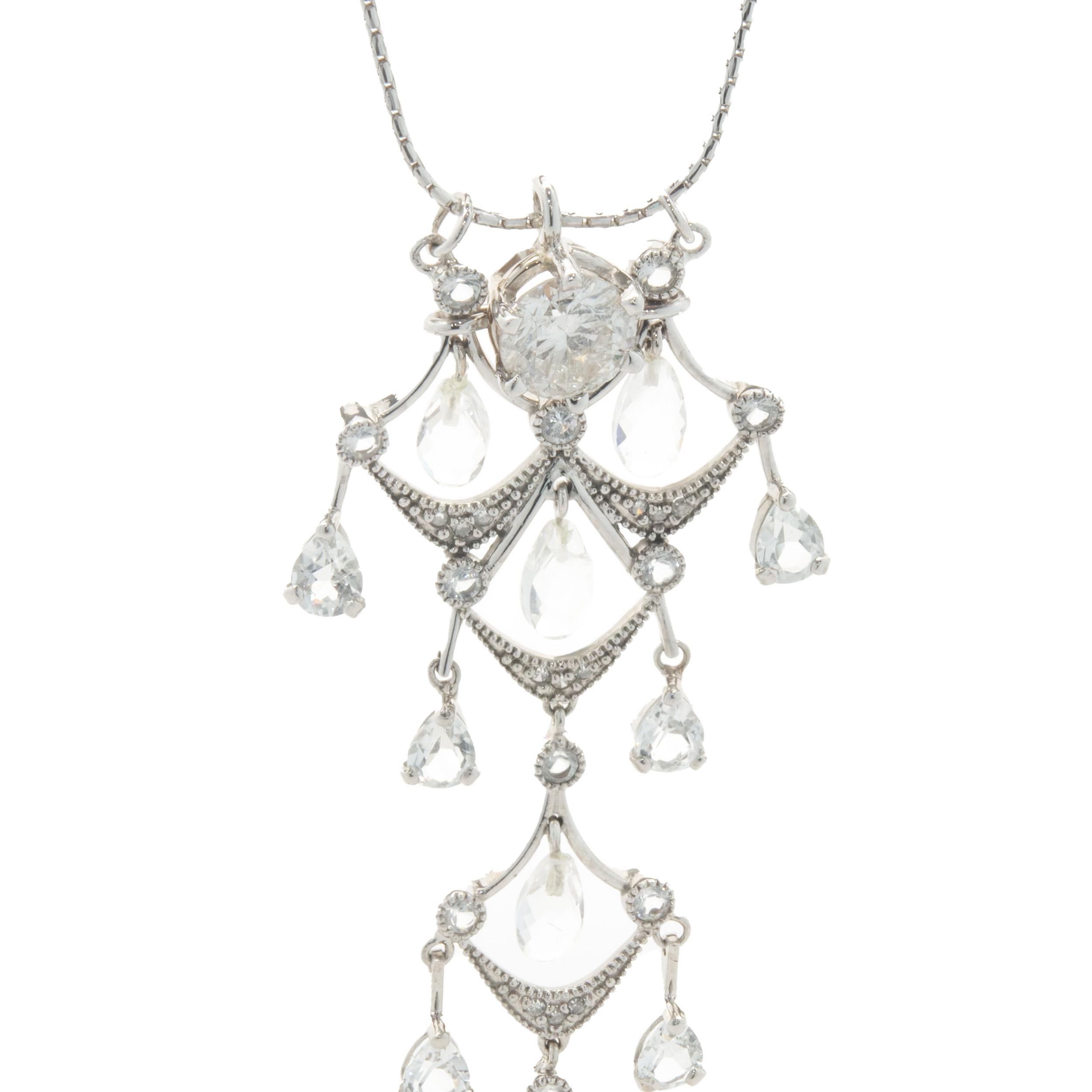 14 Karat White Gold Diamond, White Sapphire & Pearl Vintage Chandelier Necklace In Good Condition For Sale In Scottsdale, AZ