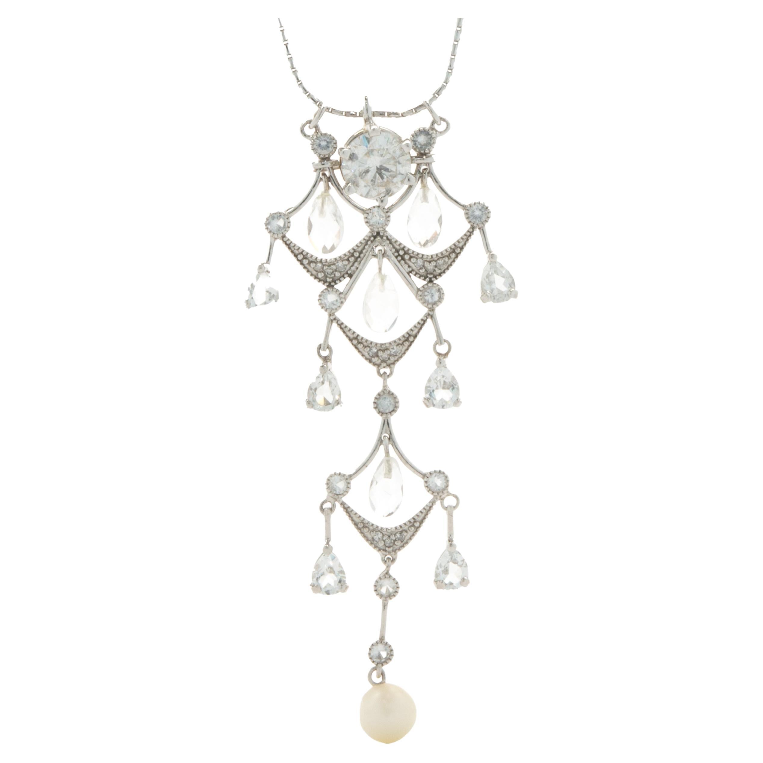 14 Karat White Gold Diamond, White Sapphire & Pearl Vintage Chandelier Necklace For Sale