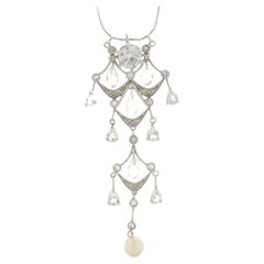Collier lustre vintage en or blanc 14 carats avec diamants, saphirs blancs et perles