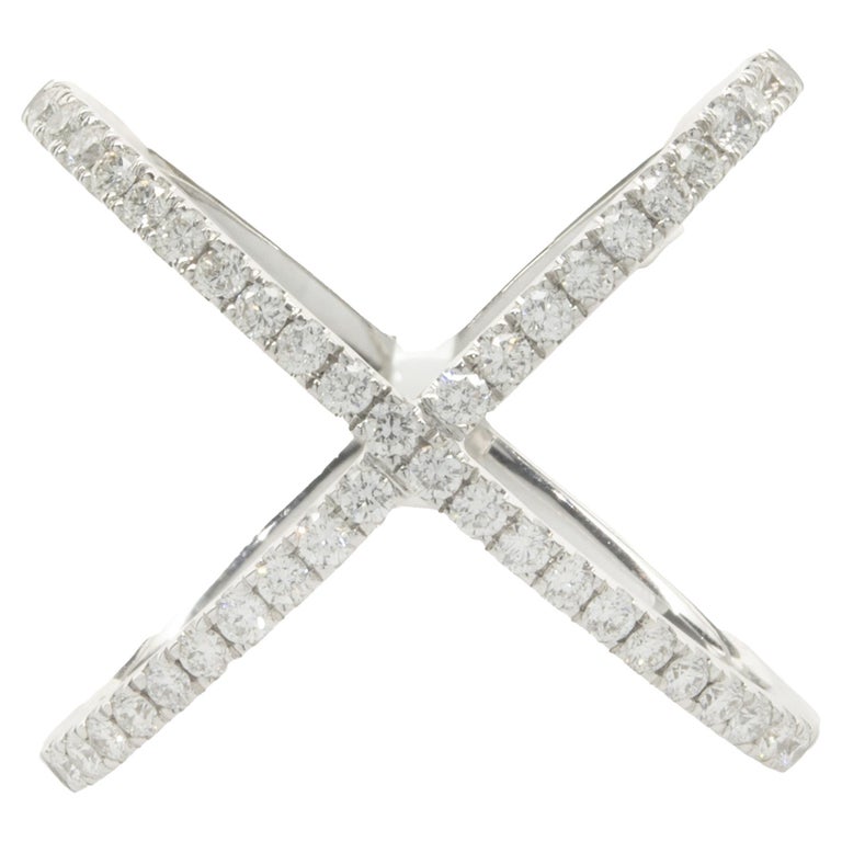 14 Karat White Gold Diamond X Ring For Sale at 1stDibs