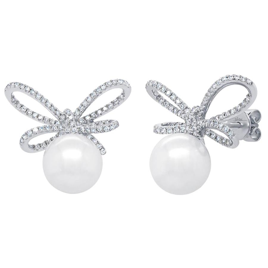 14 Karat White Gold Diamonds and Fresh Water Pearl Bow Stud Earrings