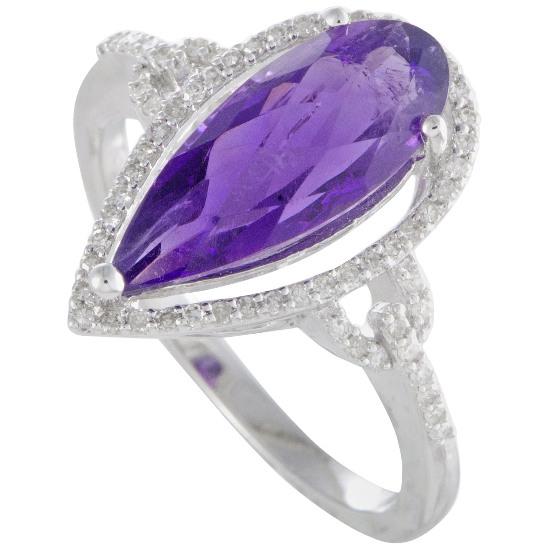 14 Karat White Gold Diamonds and Pear Shaped Amethyst Ring