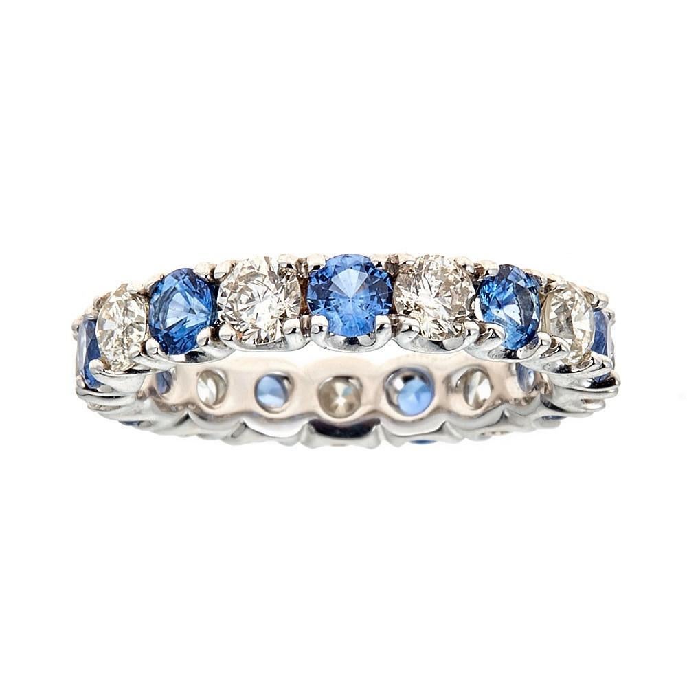 Round Blue Sapphire and Diamond Eternity Band Ring 14 Karat White Gold Size 6.5