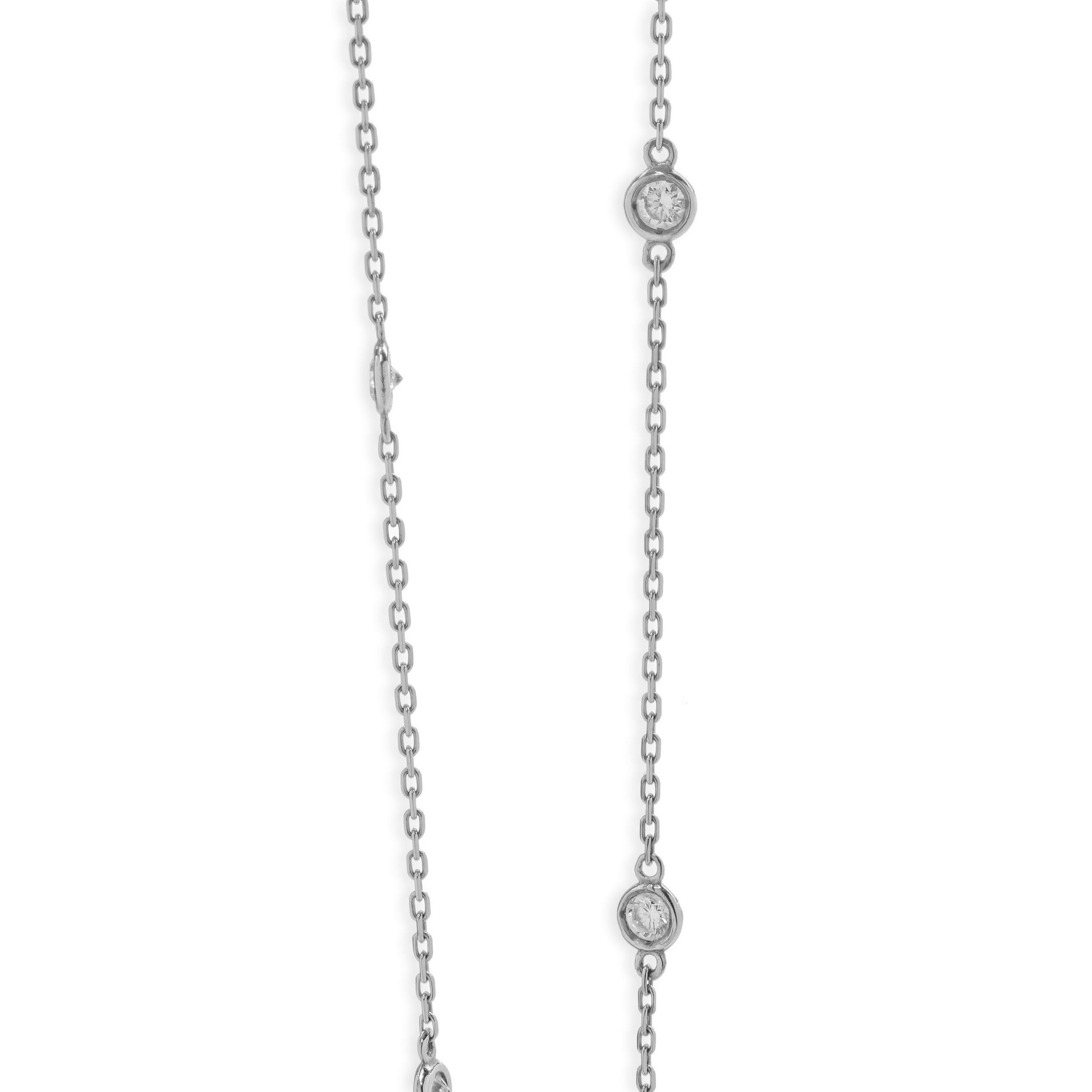 Designer: custom
Material: 14K white gold
Diamonds: 10 round brilliant cut = 1.50cttw
Color: G / H
Clarity: VS2
Dimensions: necklace measures 18-inches in length
Weight: 3.45 grams
