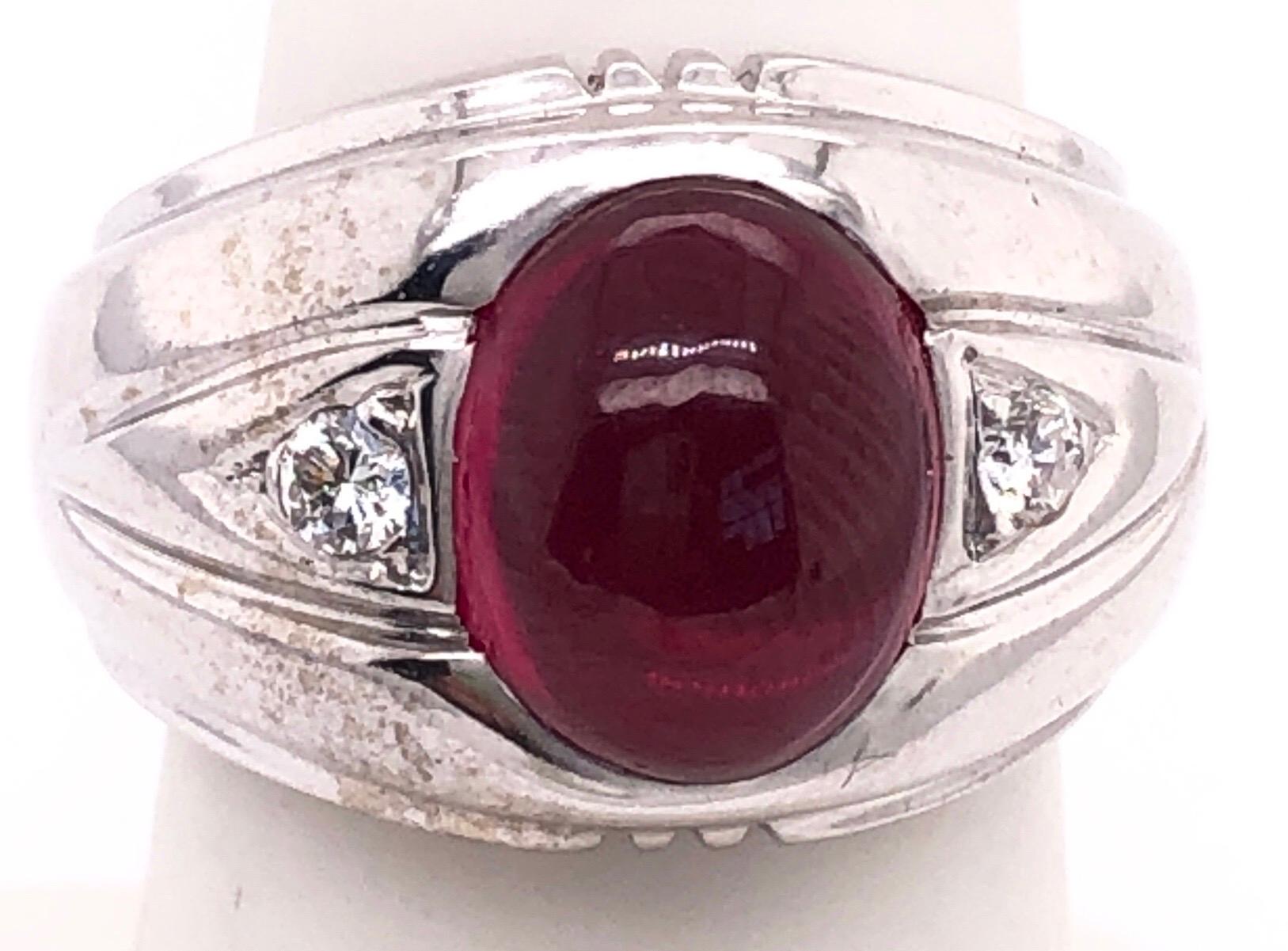 Women's or Men's 14 Karat White Gold Dome Ring with Garnet Cabochon and Diamond Accents For Sale