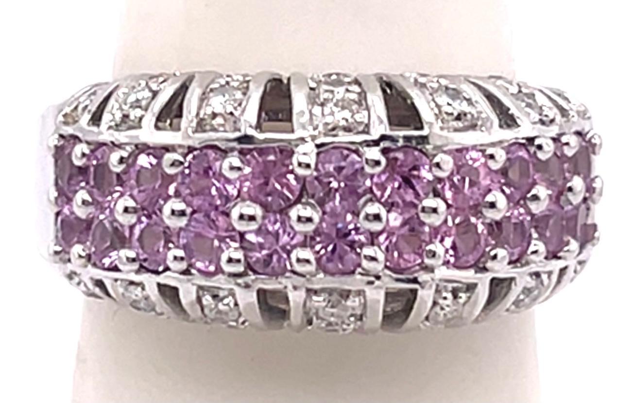 Contemporary 14 Karat White Gold Dome Ring with Pink Sapphires and Diamonds For Sale