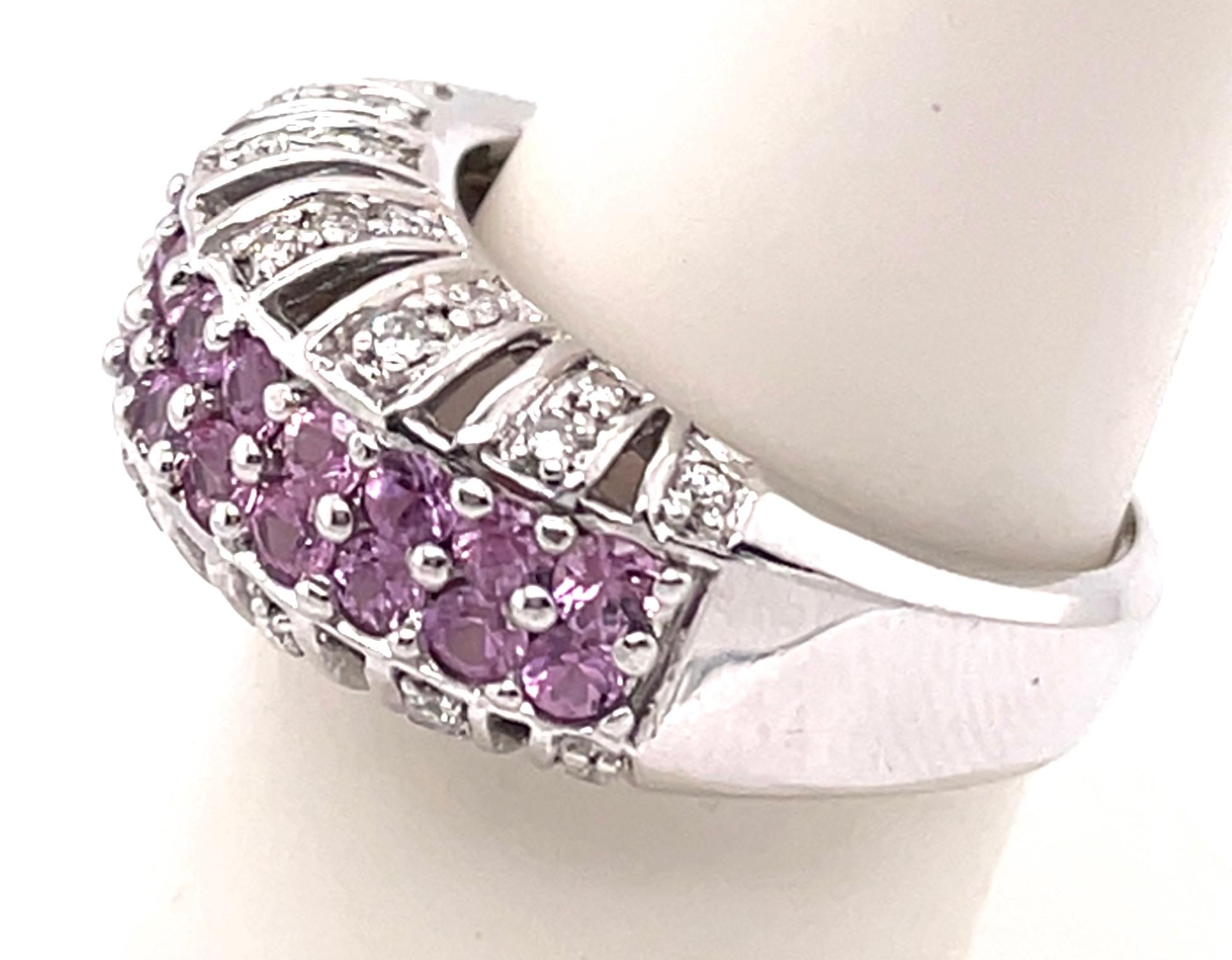 Women's or Men's 14 Karat White Gold Dome Ring with Pink Sapphires and Diamonds For Sale