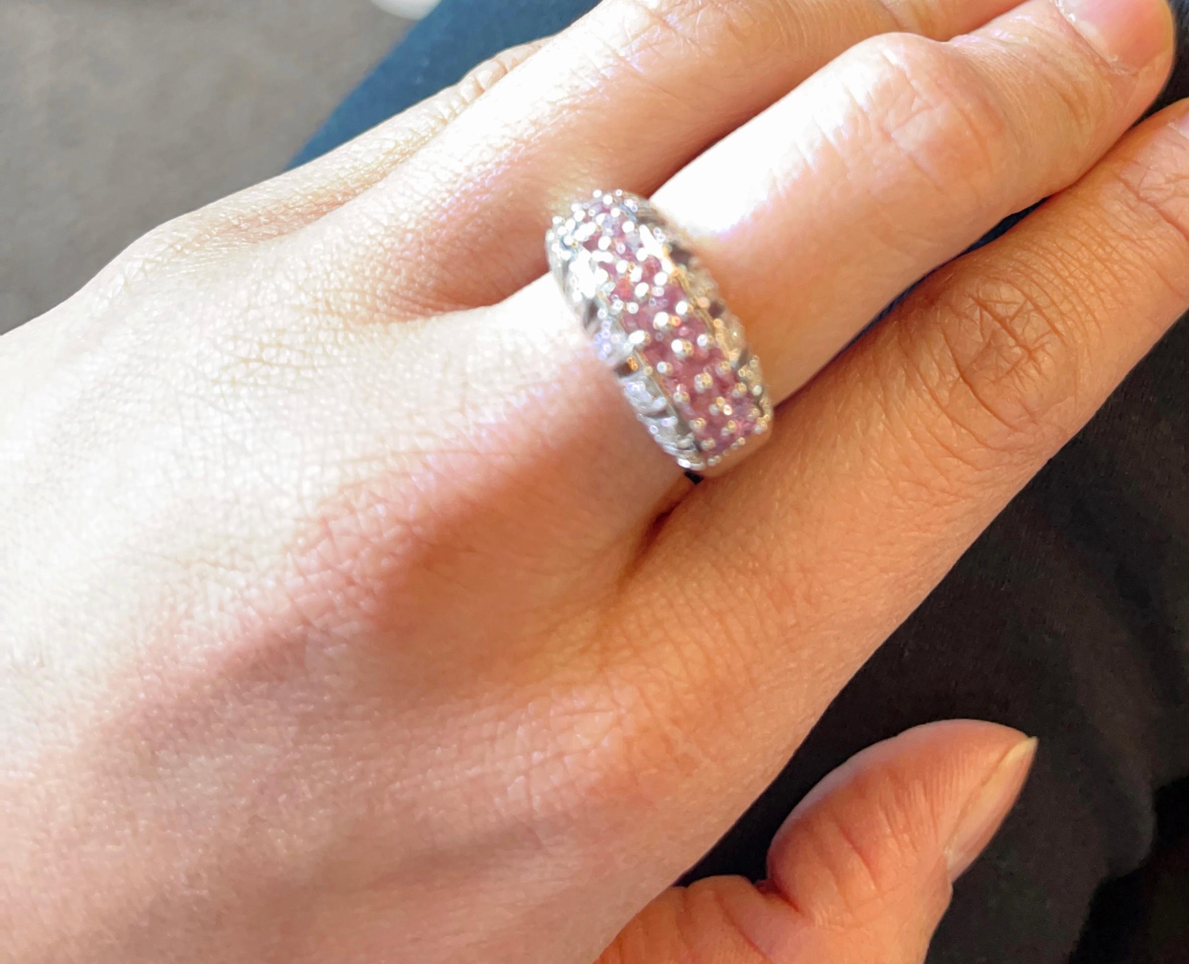 14 Karat White Gold Dome Ring with Pink Sapphires and Diamonds For Sale 2