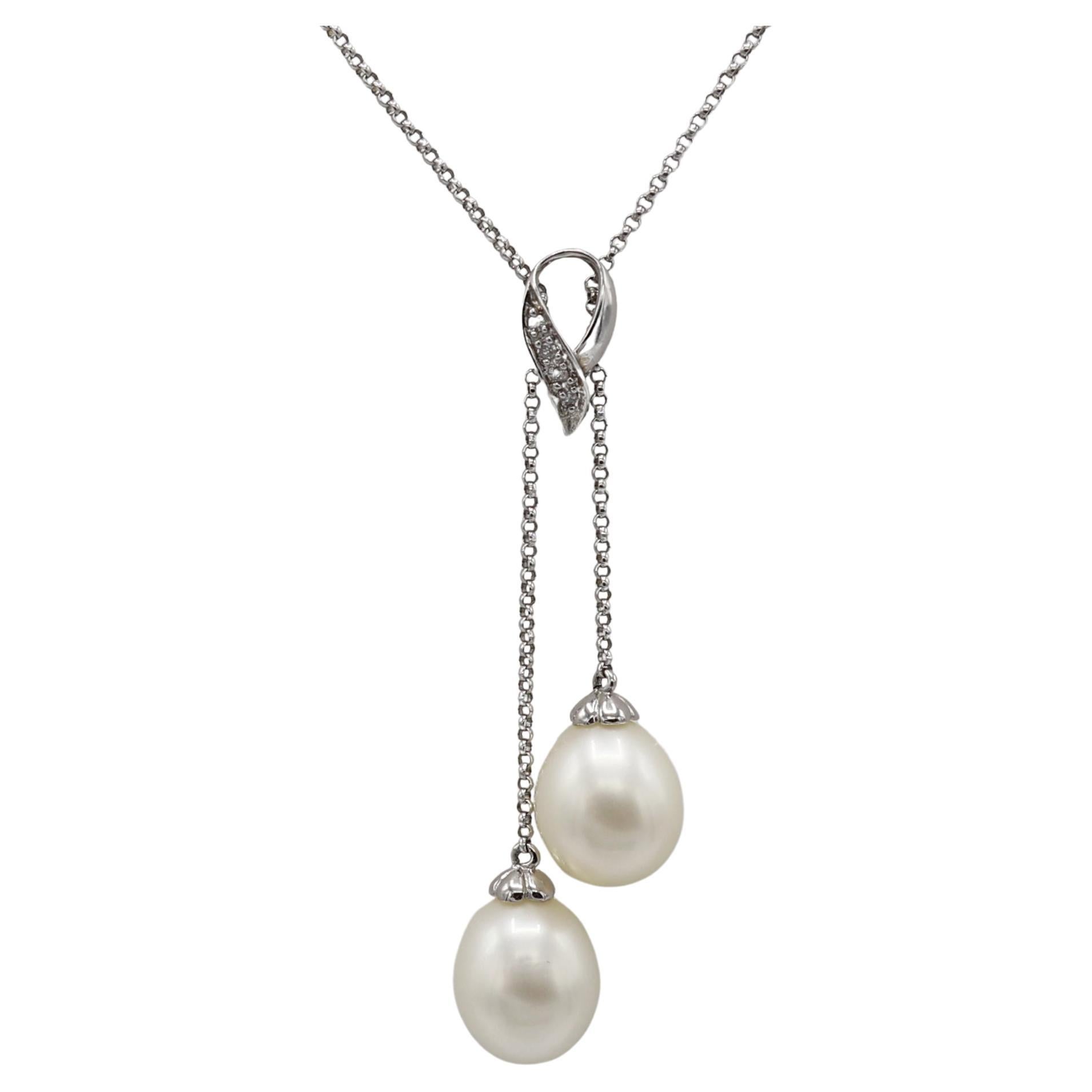 14 Karat White Gold Double Pearl & Natural Diamond Dangle Drop Necklace