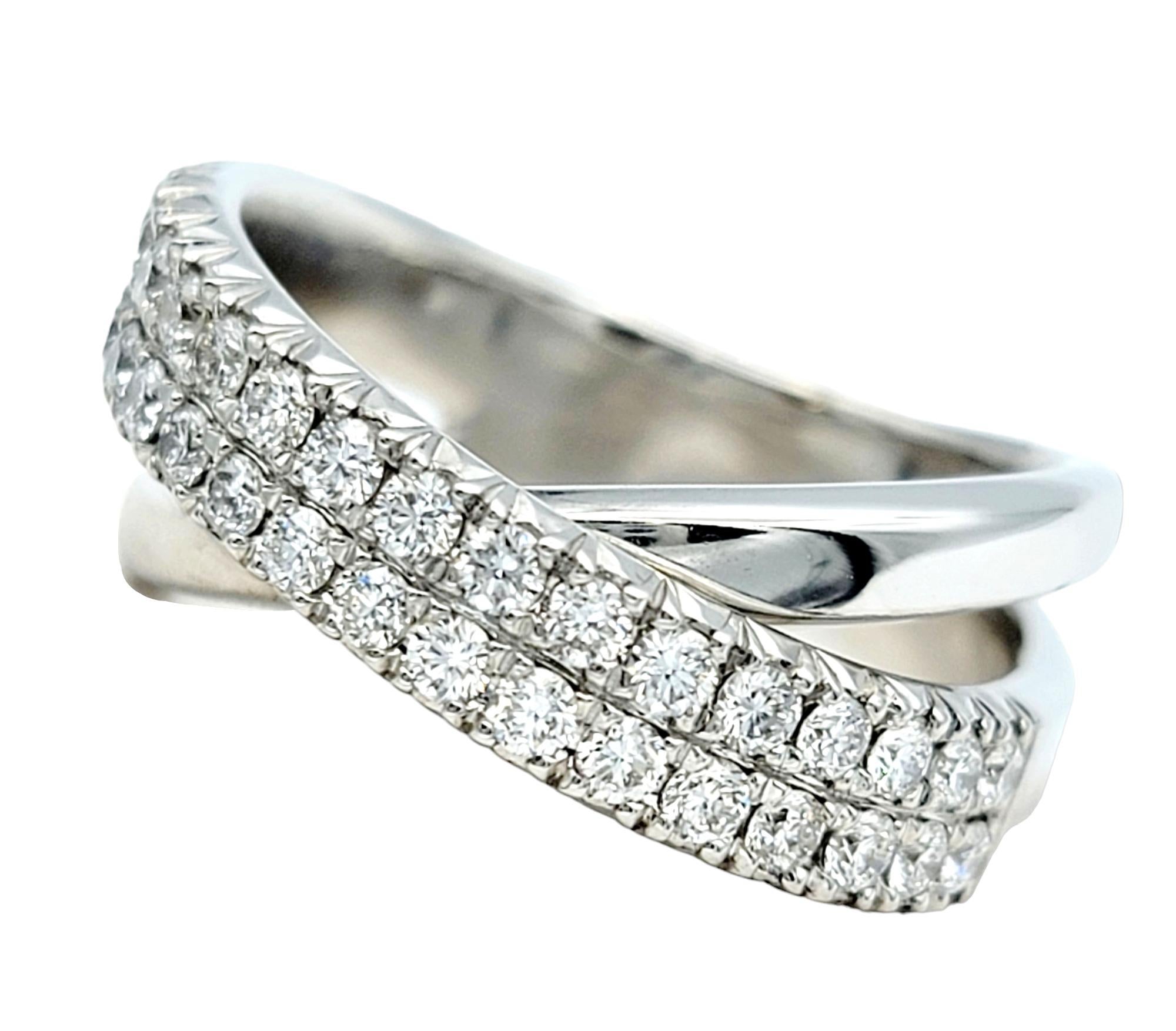 Contemporary 14 Karat White Gold Double Row .75 Carat Round Diamond Crisscross Band Ring For Sale