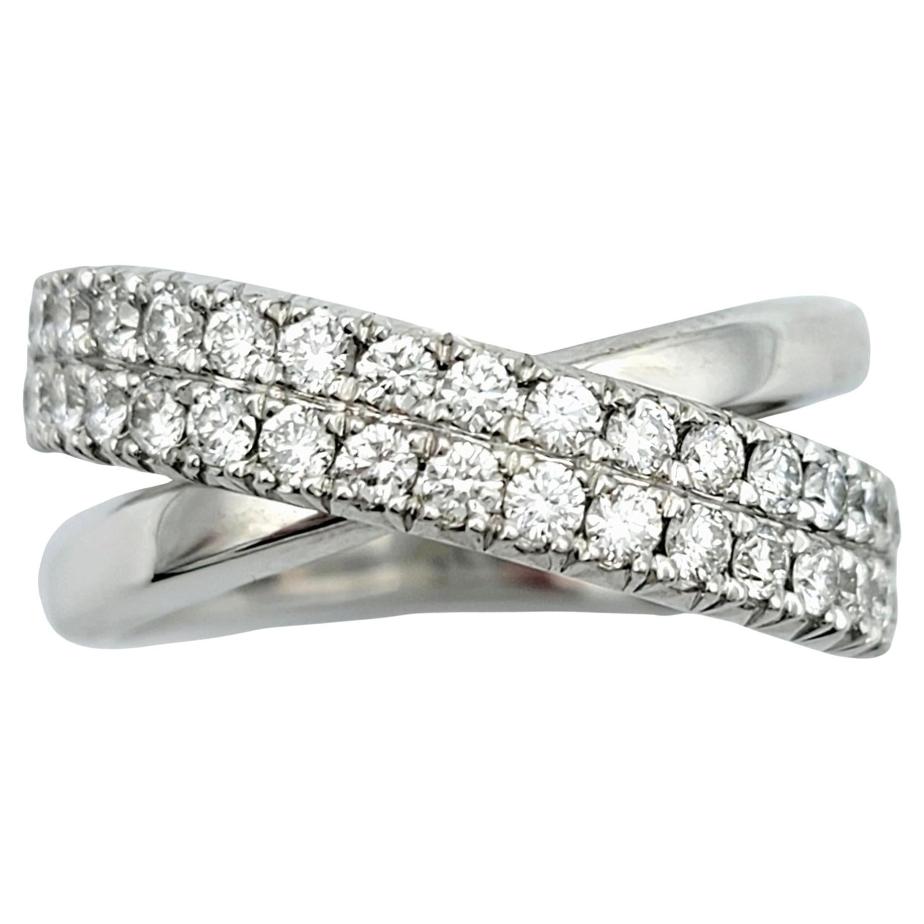 14 Karat White Gold Double Row .75 Carat Round Diamond Crisscross Band Ring For Sale