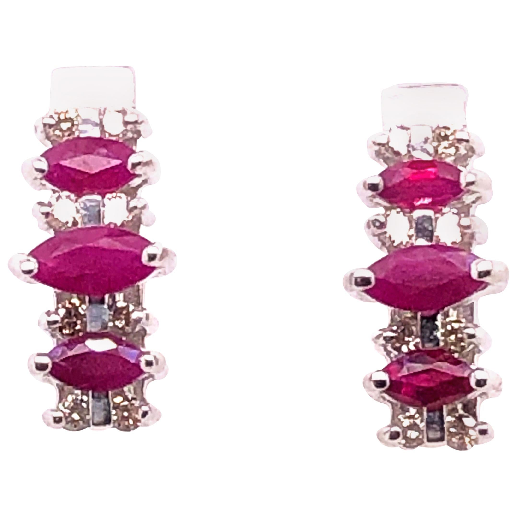 14 Karat White Gold Drop Earrings Freeform Ruby with Diamond Accents For Sale