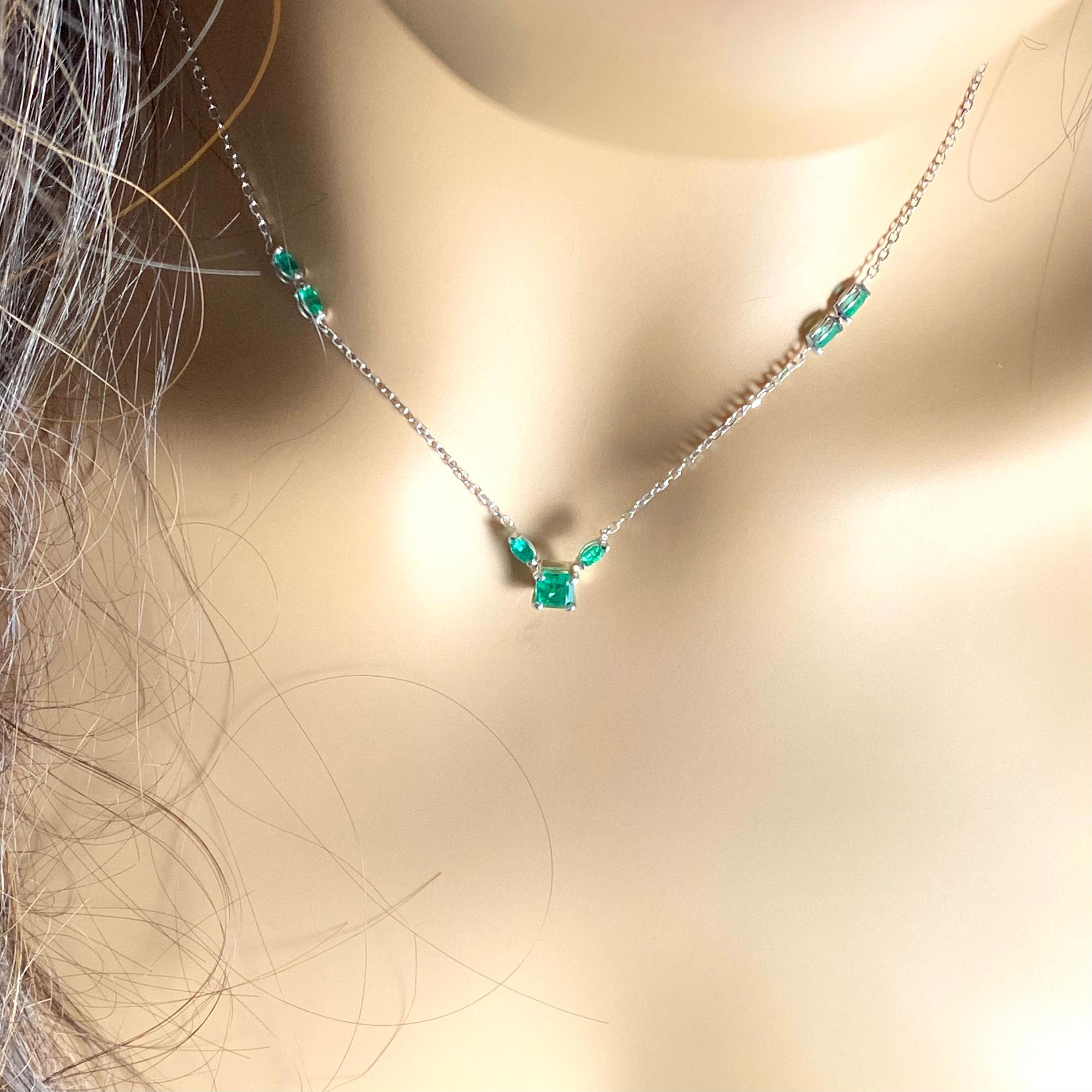 Emerald Cut 14 Karat White Gold Drop Necklace Colombian Emerald Centerpiece Marquise Emerald For Sale
