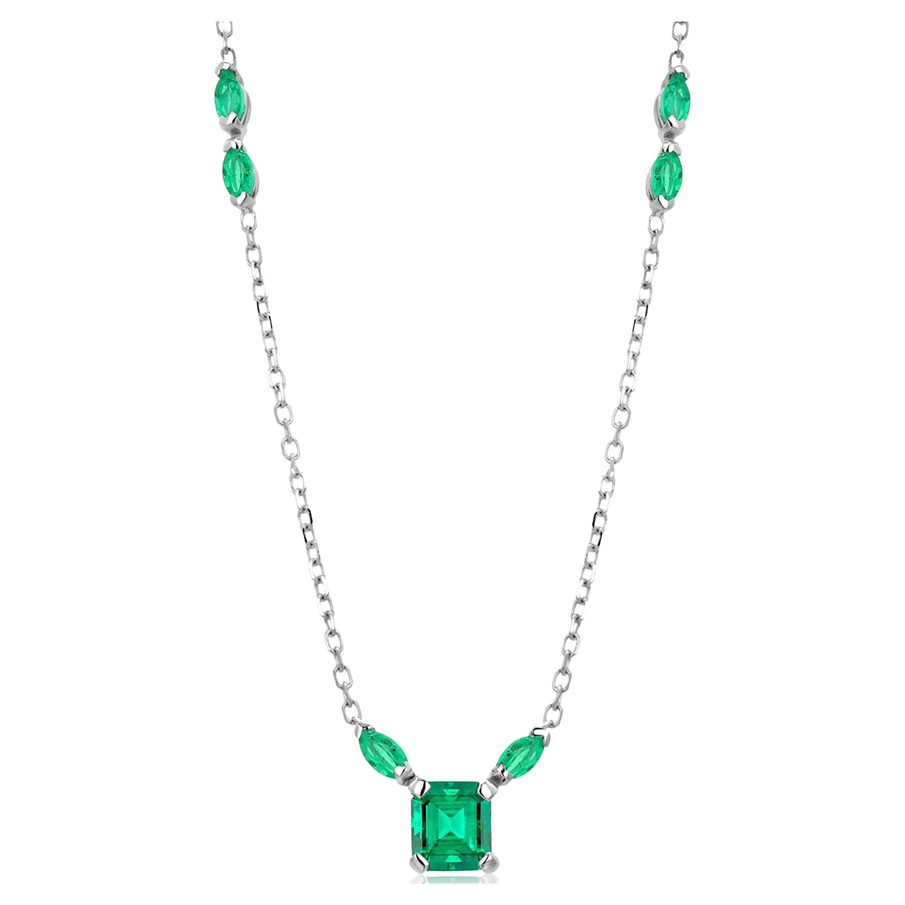 14 Karat White Gold Drop Necklace Colombian Emerald Centerpiece Marquise Emerald For Sale