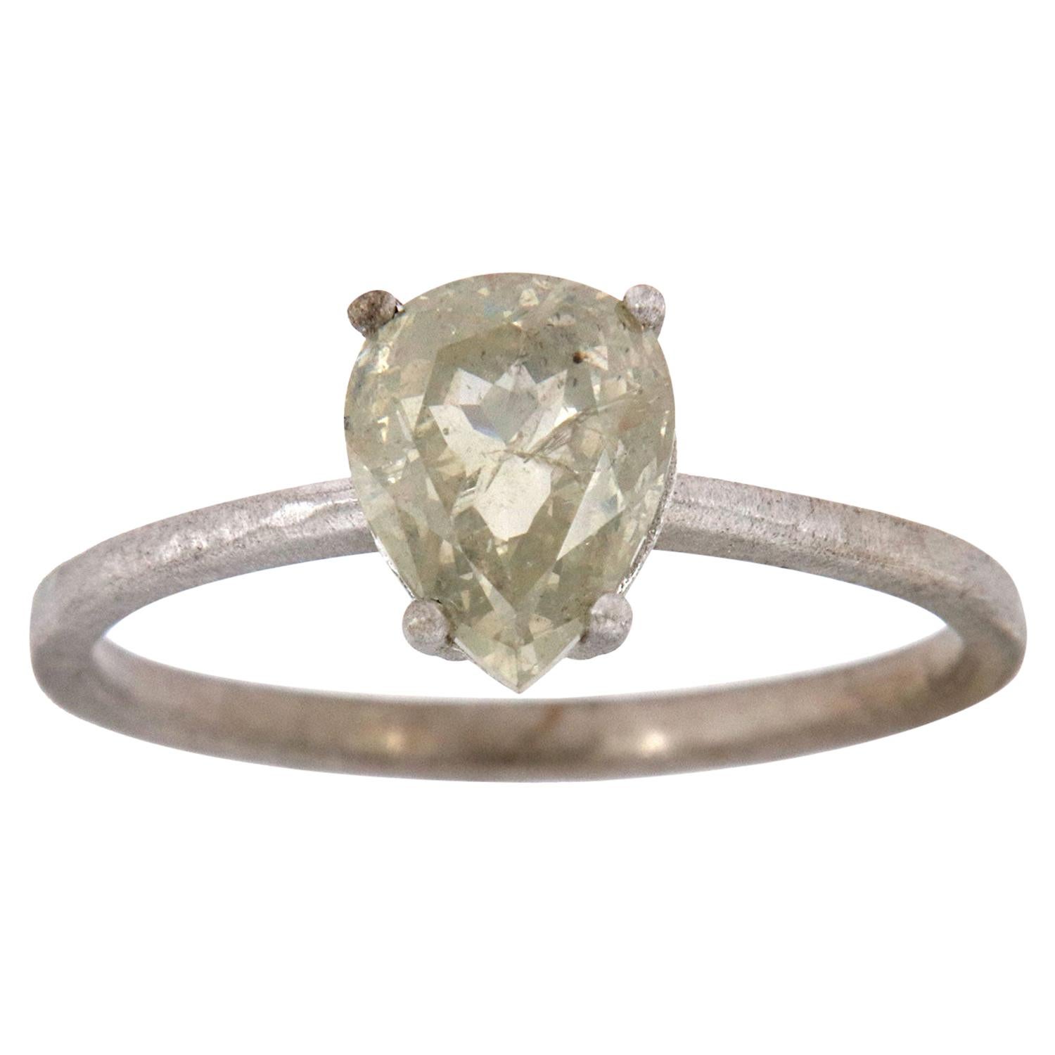14 Karat White Gold Earhty Solitare Pear "Icey" Diamond Ring Center 1.35 Carat For Sale