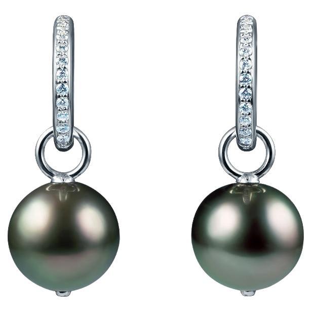 14 Karat White Gold Earring with Free Moving Dark Tahitian Pearl and Diamonds For Sale