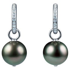 14 Karat White Gold Earring with Free Moving Dark Tahitian Pearl and Diamonds