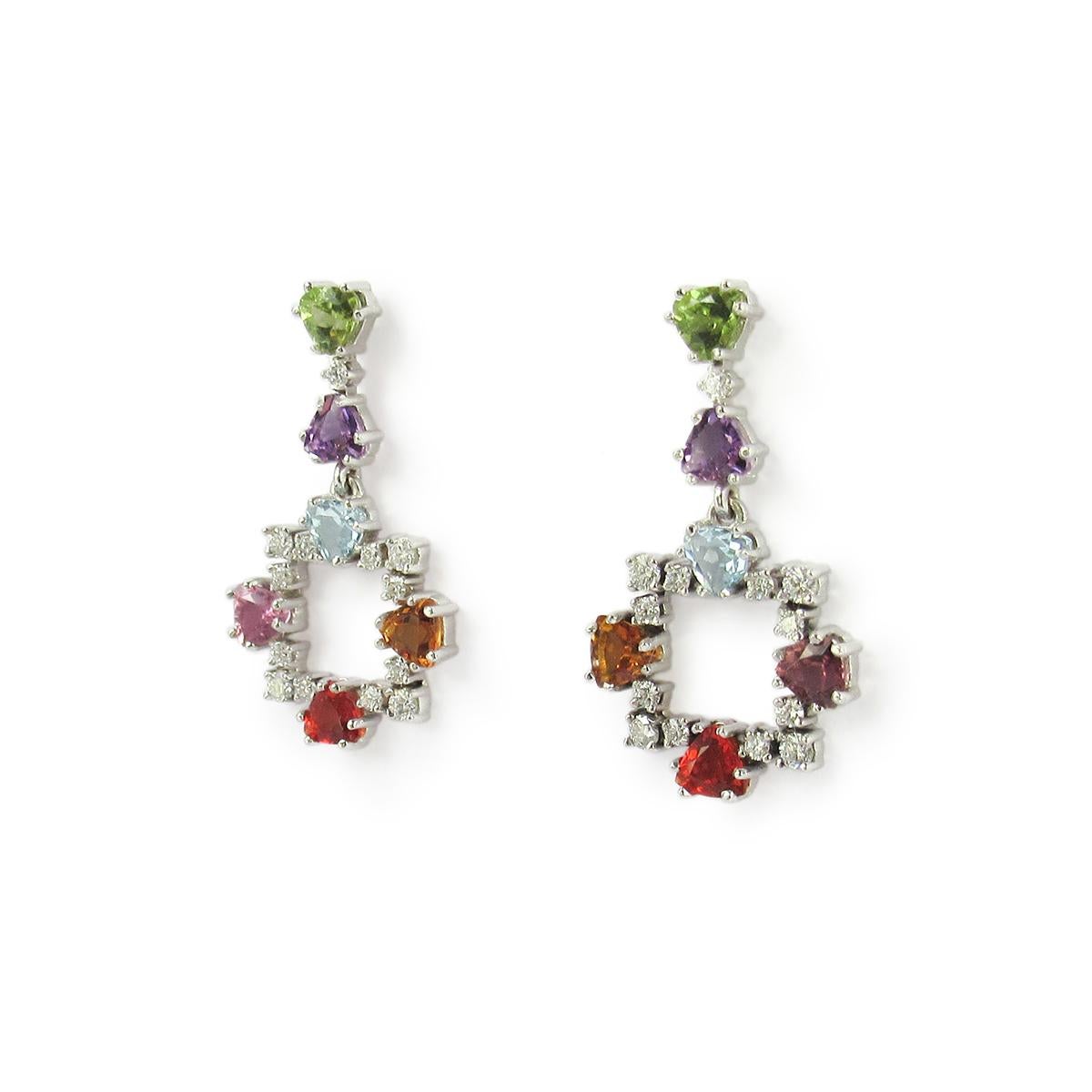 Modernist 14 Karat White Gold Earrings with Diamonds and Multicolored Gemstones For Sale