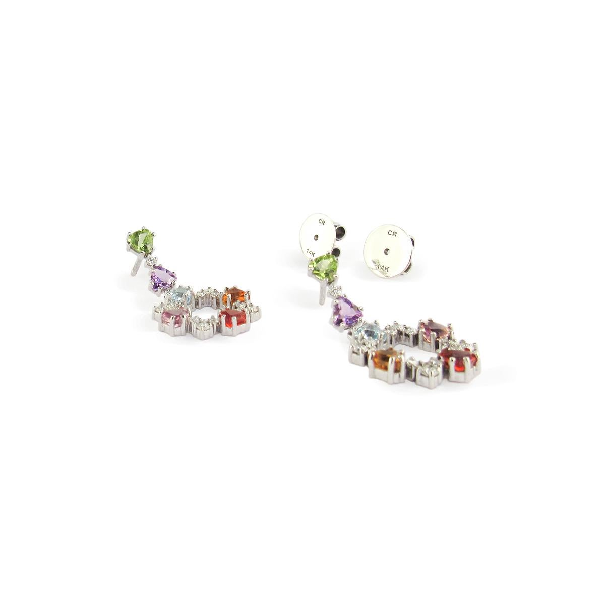 14 Karat White Gold Earrings with Diamonds and Multicolored Gemstones For Sale 1