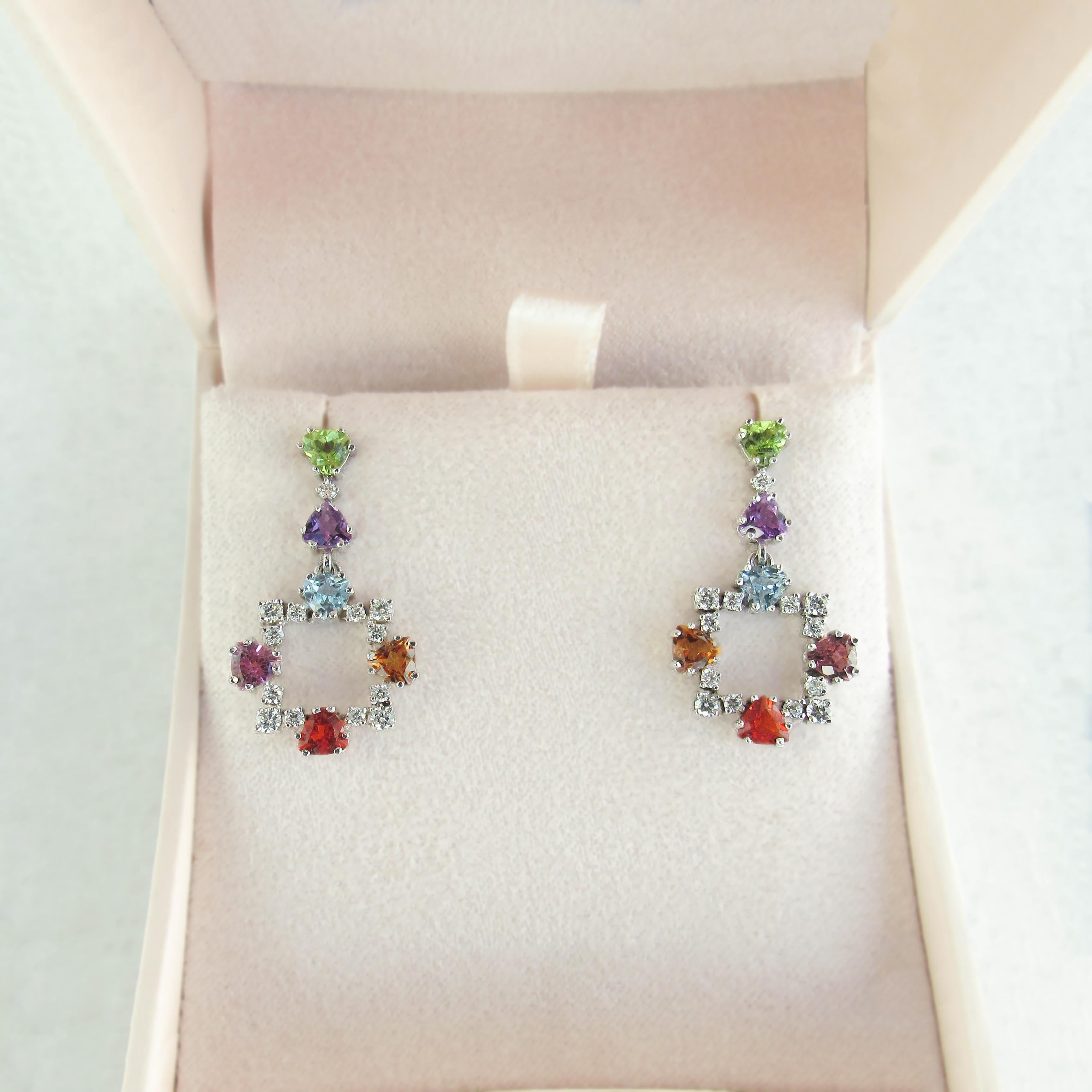 14 Karat White Gold Earrings with Diamonds and Multicolored Gemstones For Sale 2