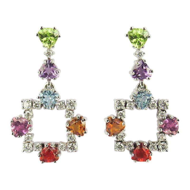14 Karat White Gold Earrings with Diamonds and Multicolored Gemstones For Sale