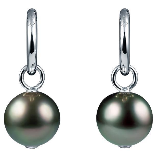 14 Karat White Gold Earrings with Free Moving Dark Tahitian Pearl For Sale