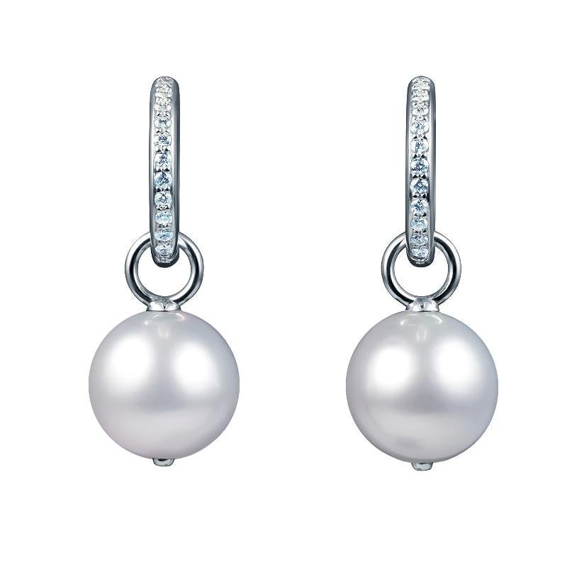 14 Karat White Gold Earrings with Free Moving White South Sea Pearl and Diamonds For Sale