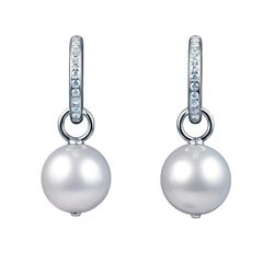14 Karat White Gold Earrings with Free Moving White South Sea Pearl and Diamonds