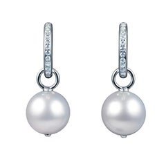 14 Karat White Gold Earrings with Free Moving White South Sea Pearl and Diamonds