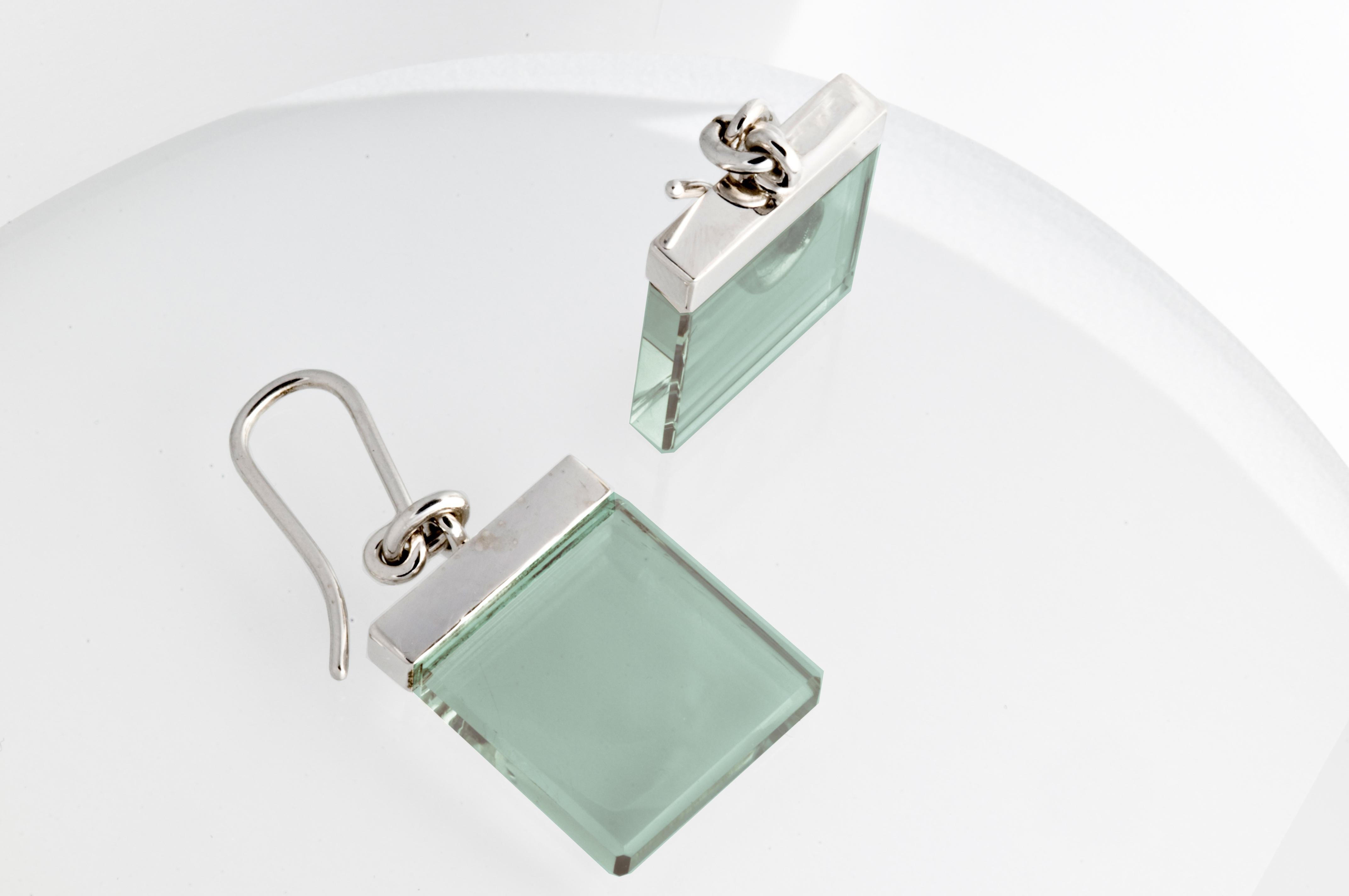 Women's or Men's Featured in Vogue Fourteen Karat White Gold Earrings with Light Green Quartzes For Sale