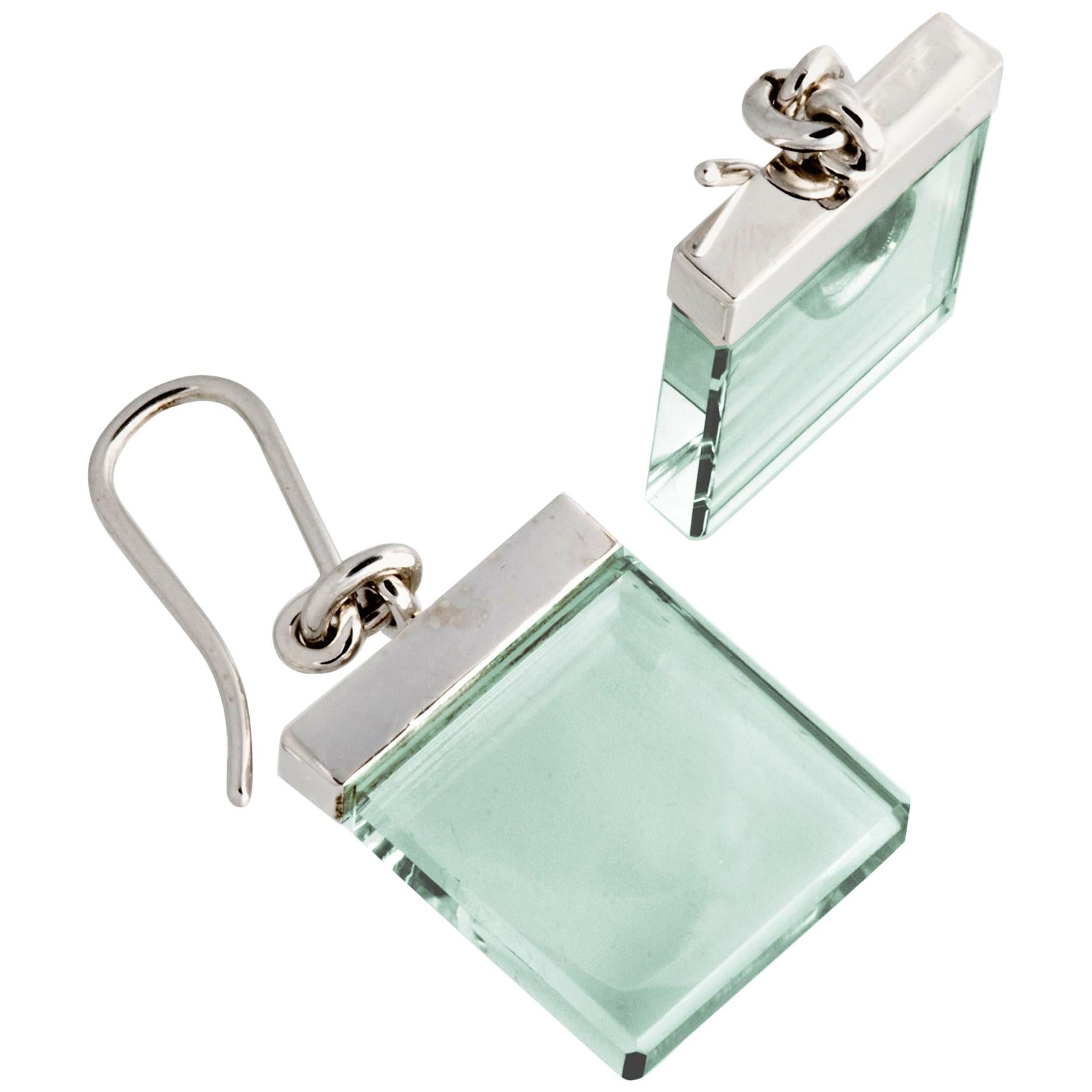 Featured in Vogue Fourteen Karat White Gold Earrings with Light Green Quartzes For Sale