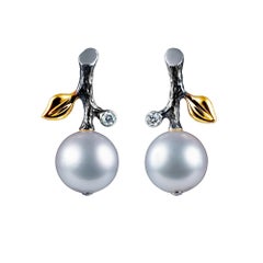 14 Karat White Gold Earrings with White South Sea Pearl and Diamond