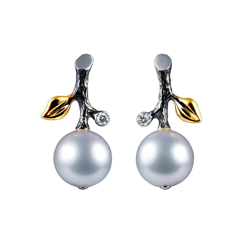 14 Karat White Gold Earrings with White South Sea Pearl and Diamond For Sale