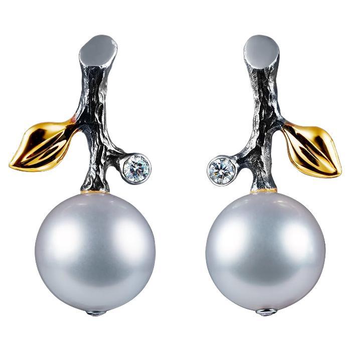 14 Karat White Gold Earrings with White South Sea Pearl and Diamond For Sale