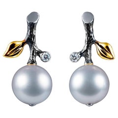 14 Karat White Gold Earrings with White South Sea Pearl and Diamond