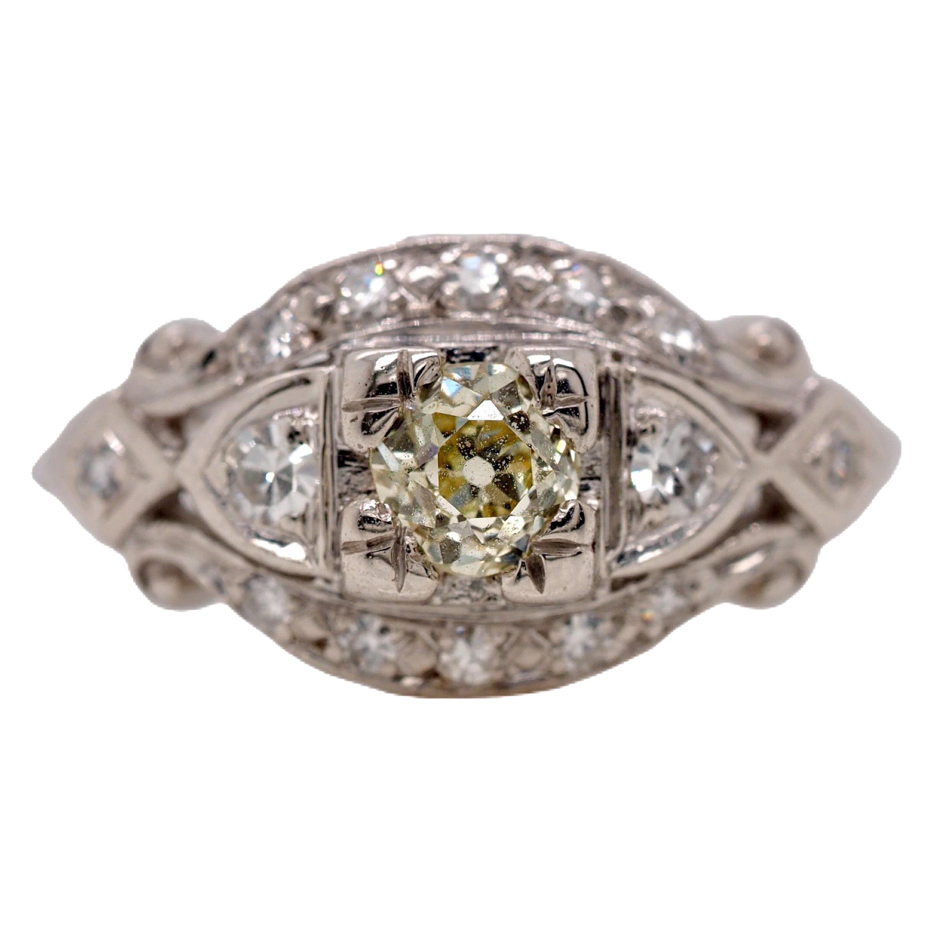 14 Karat White Gold Edwardian Style Old Mine Cut Diamond Ring #57