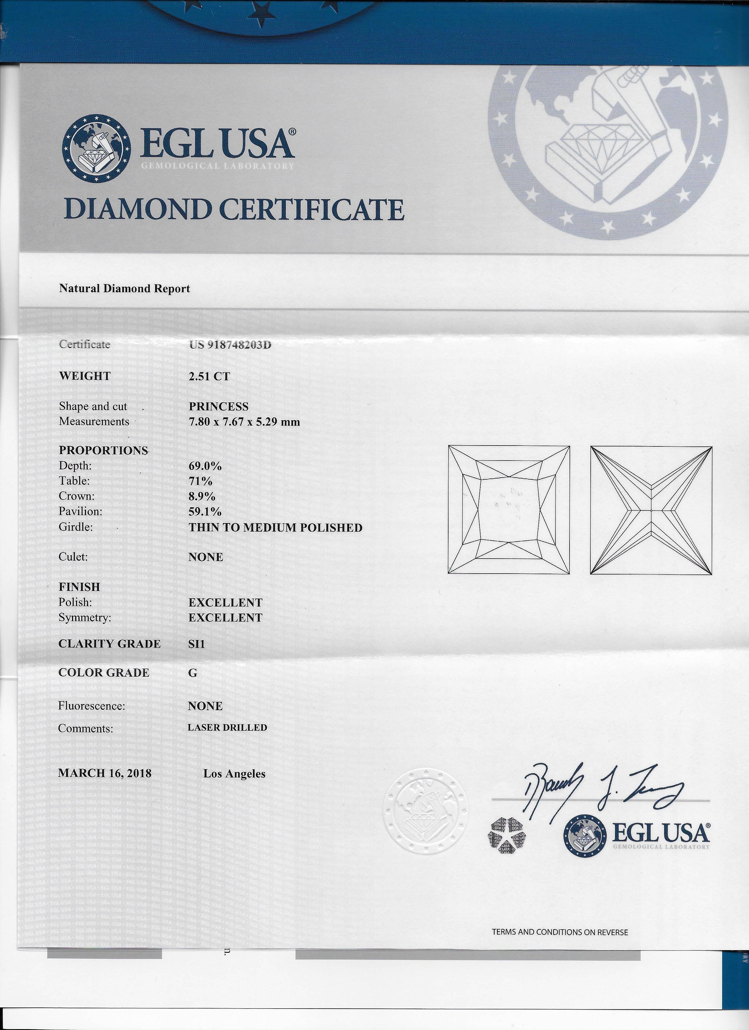 14 Karat White Gold EGL 2.51 Princess Cut Diamond with Diamond Trapazoids 4