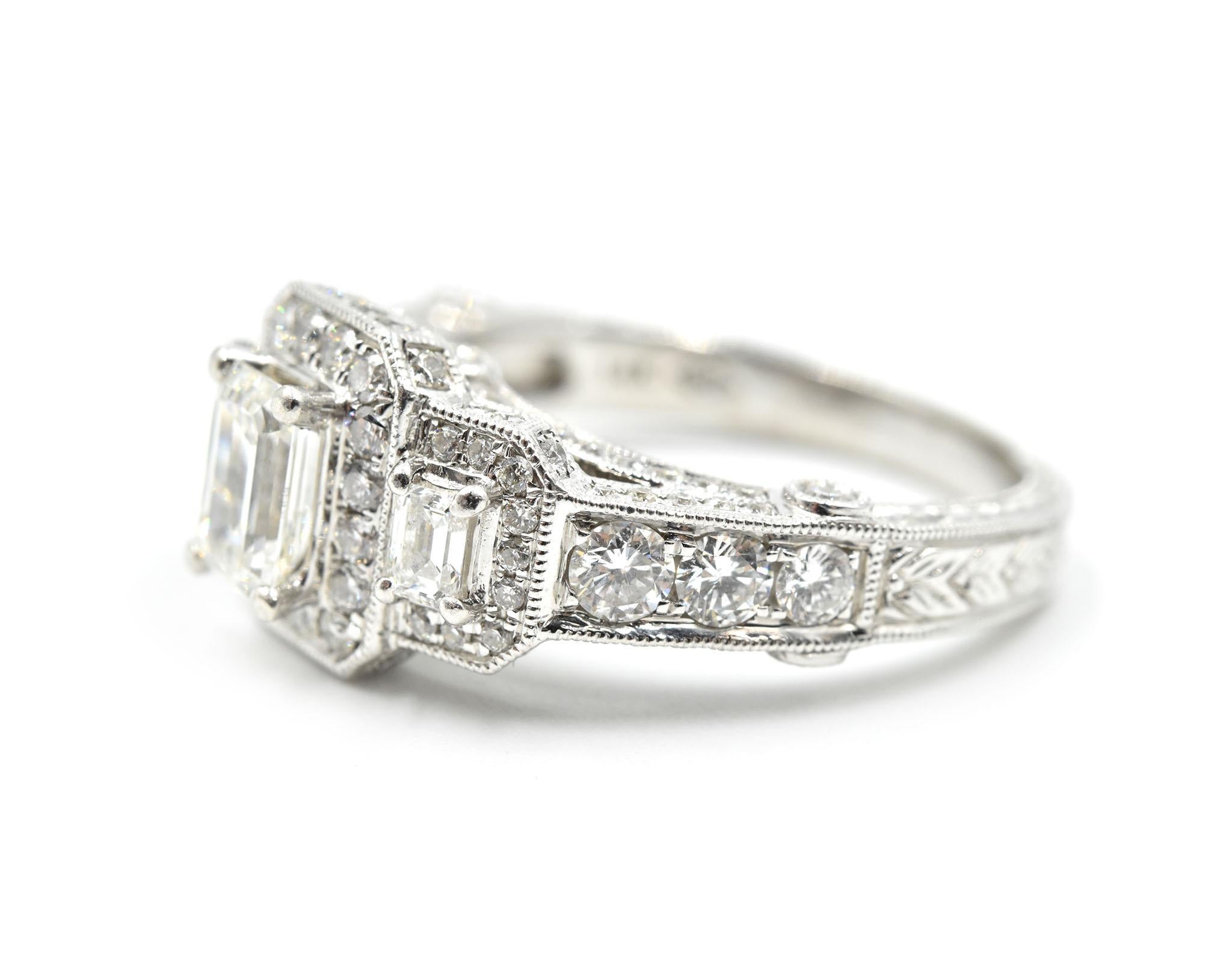 Emerald Cut 14 Karat White Gold Emerald 2.35 Carat Diamond Three-Stone Engagement Ring