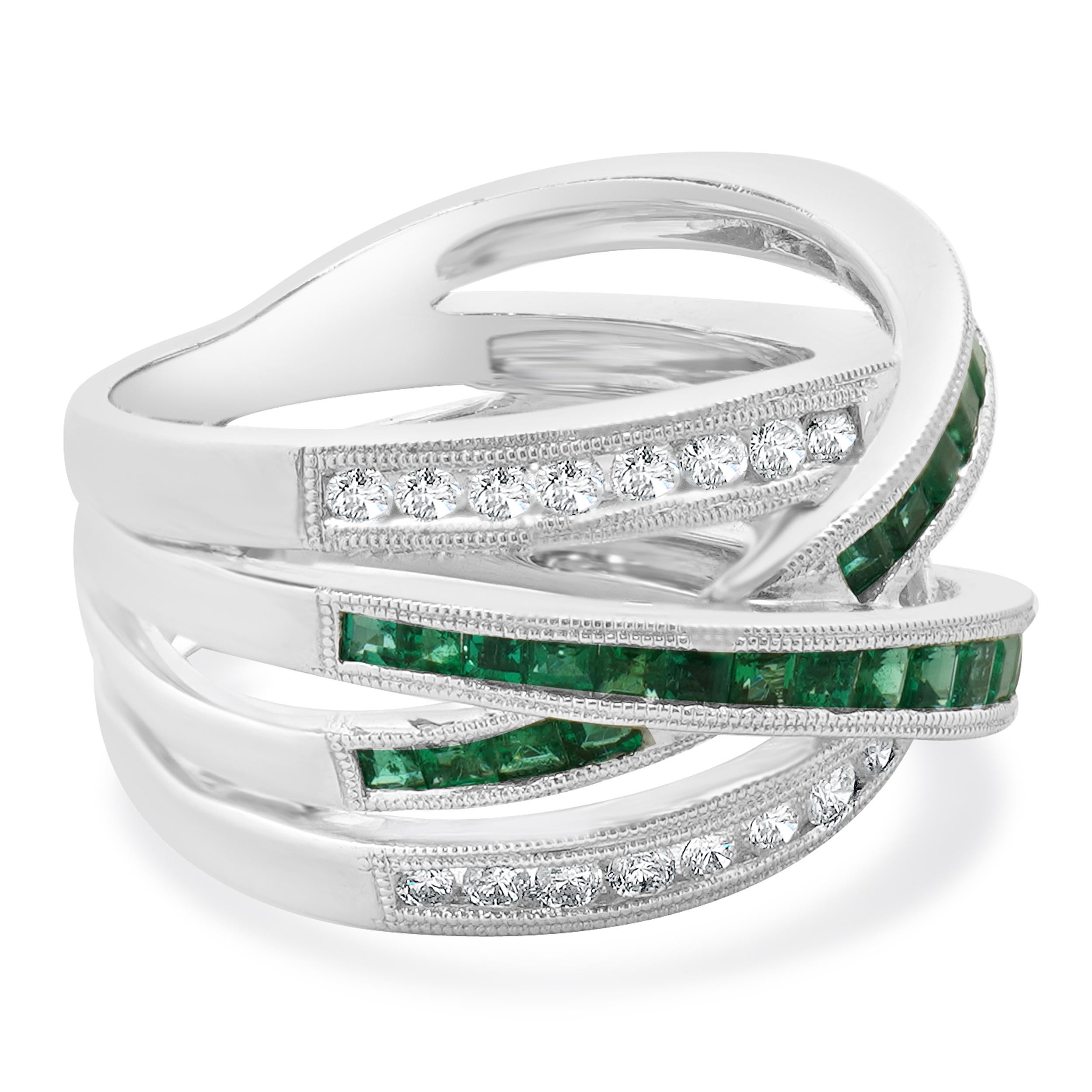 Square Cut 14 Karat White Gold Emerald and Diamond Double Bypass Ring For Sale