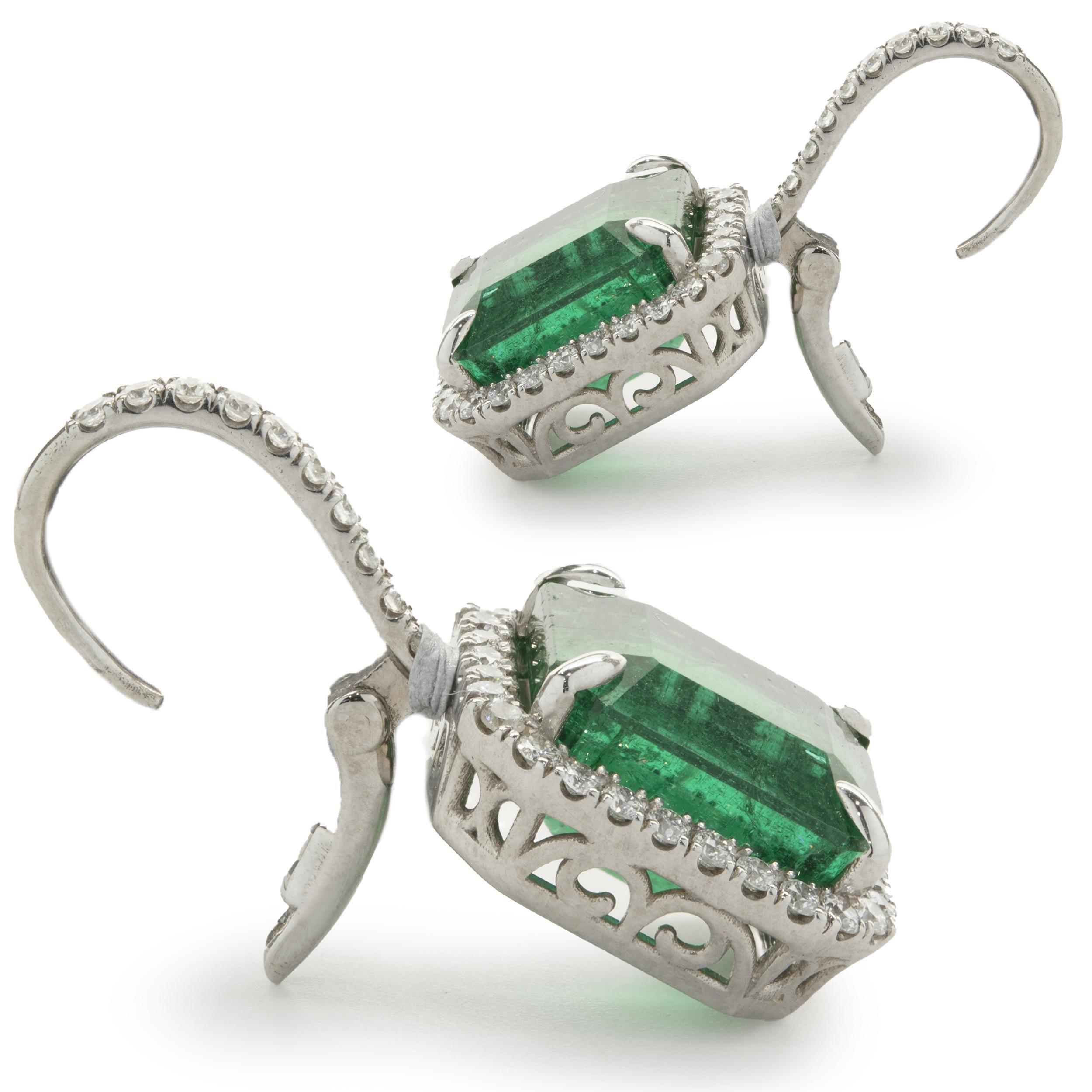 Emerald Cut 14 Karat White Gold Emerald and Diamond Drop Earrings For Sale